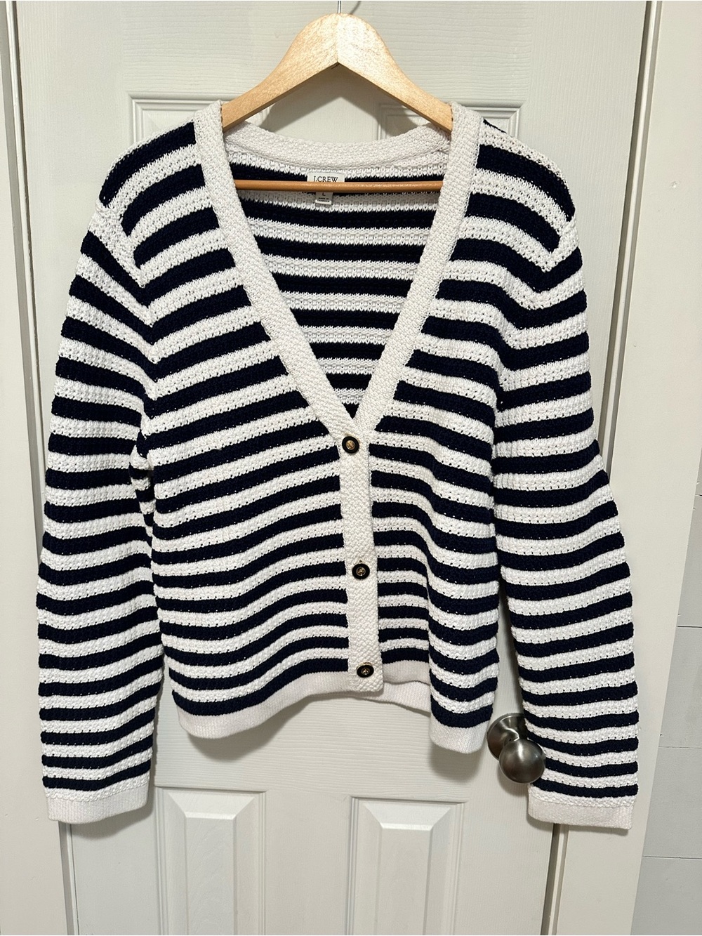 J. Crew Navy and White Striped V-Neck Button Cardigan